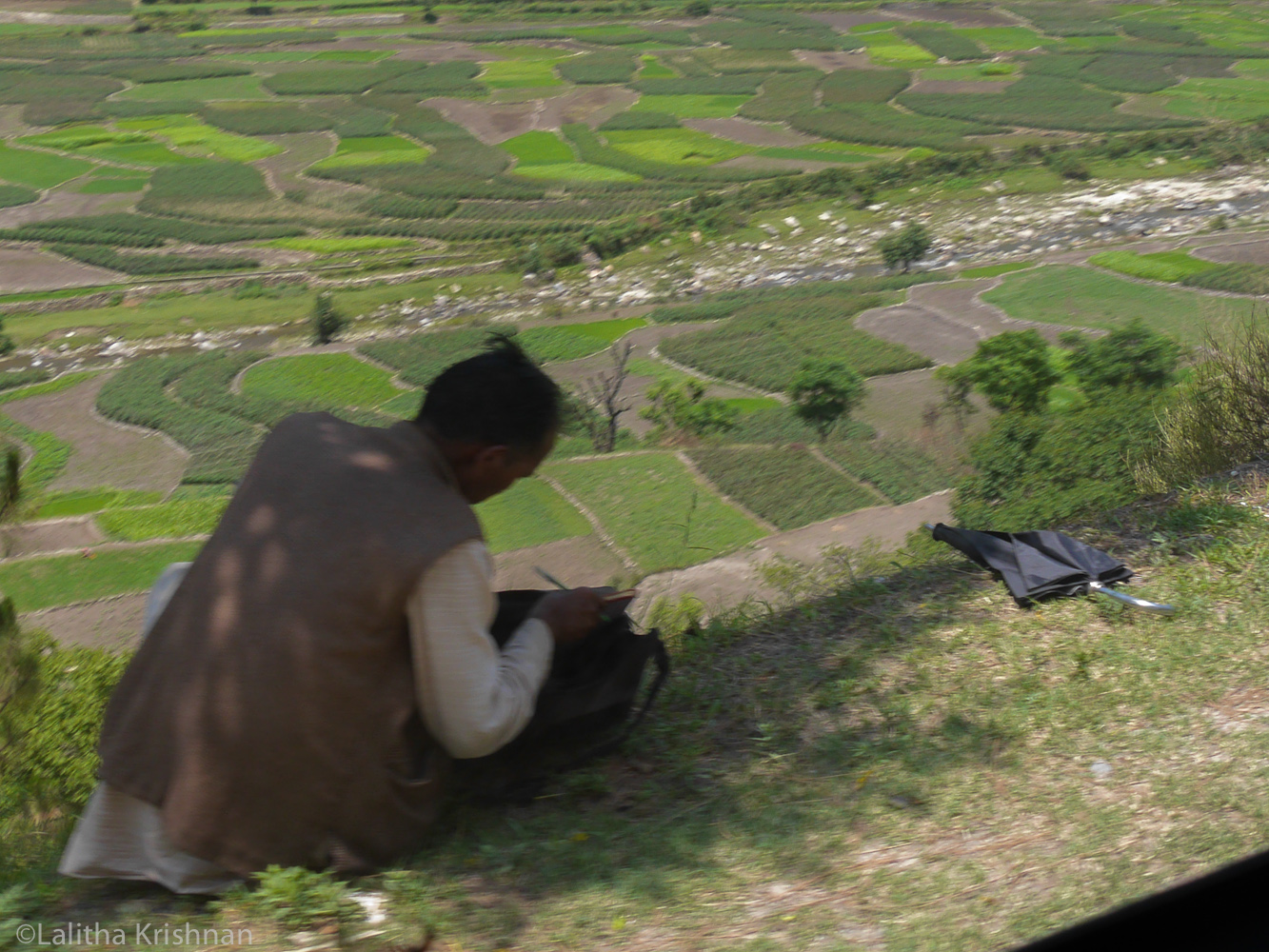 Taking a break in the shade overlooking fields near Sankri, Uttarakhand.